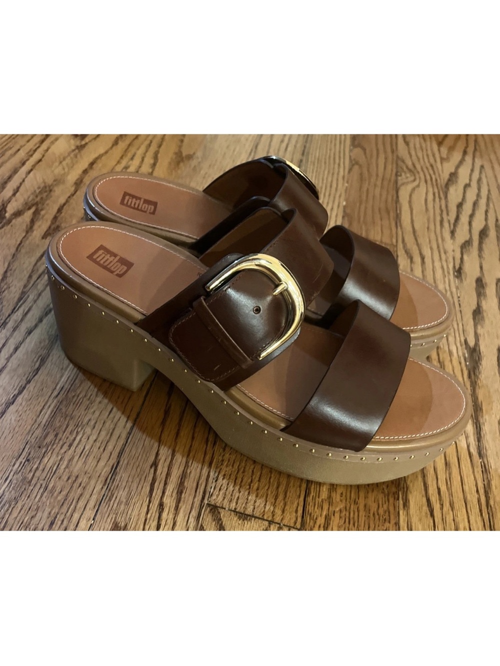 Fitflop Pilar Brown Leather Wide Strap Block Heel Platform Sandals Size 10